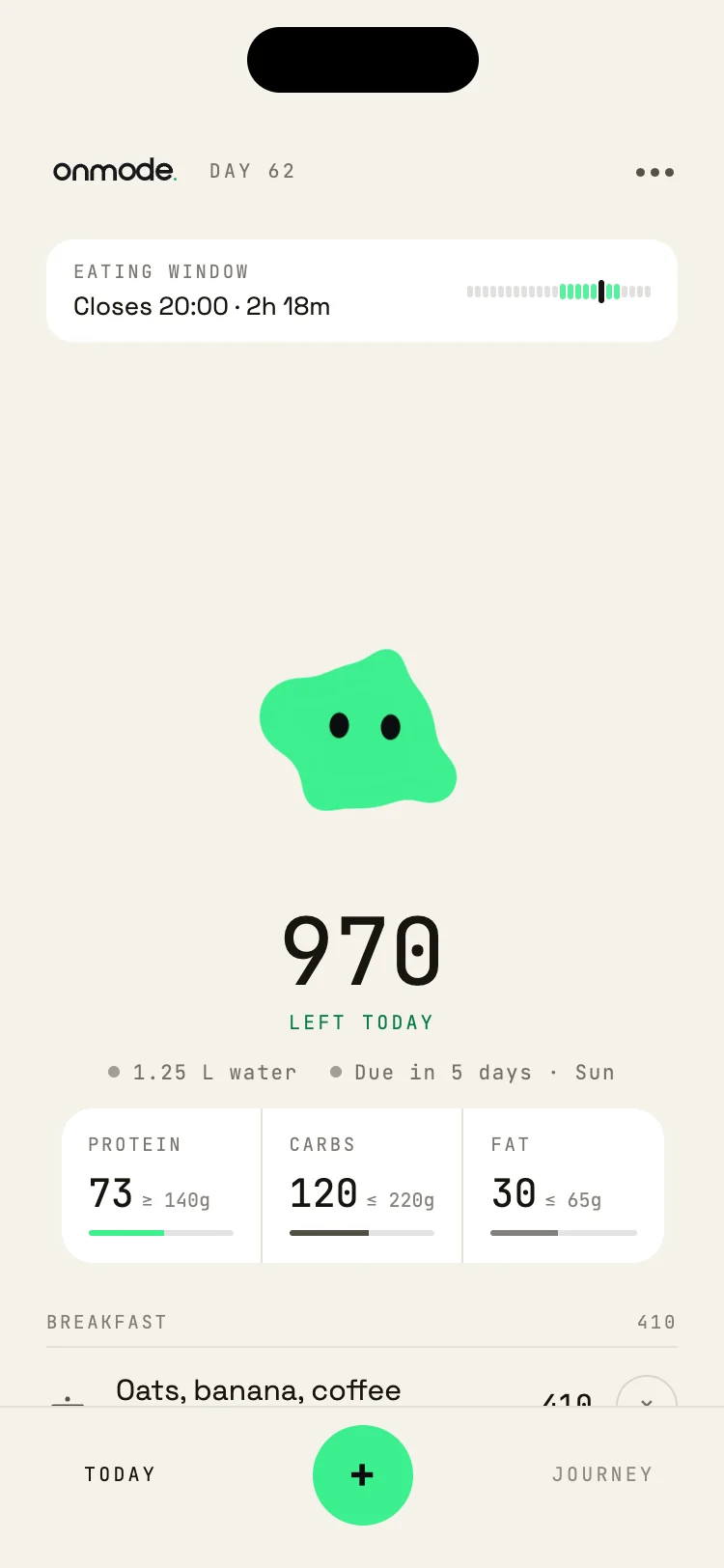 Today: 970 calories left, with protein, carbs and fat