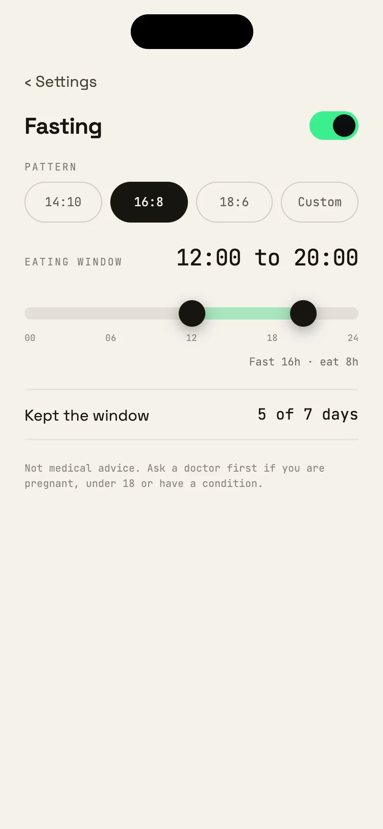 Fasting settings: a 16:8 eating window from 12:00 to 20:00