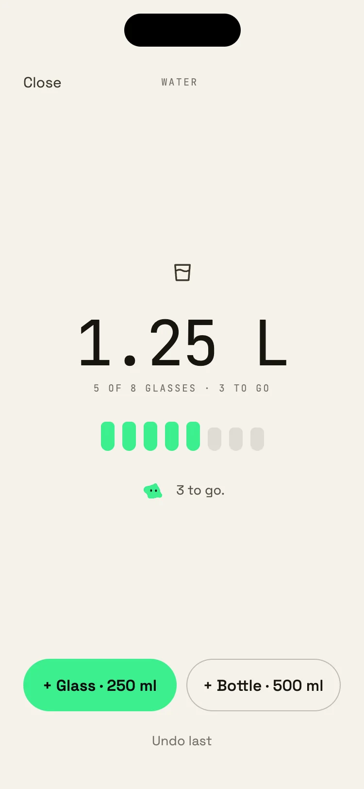Water: litres today against your daily goal